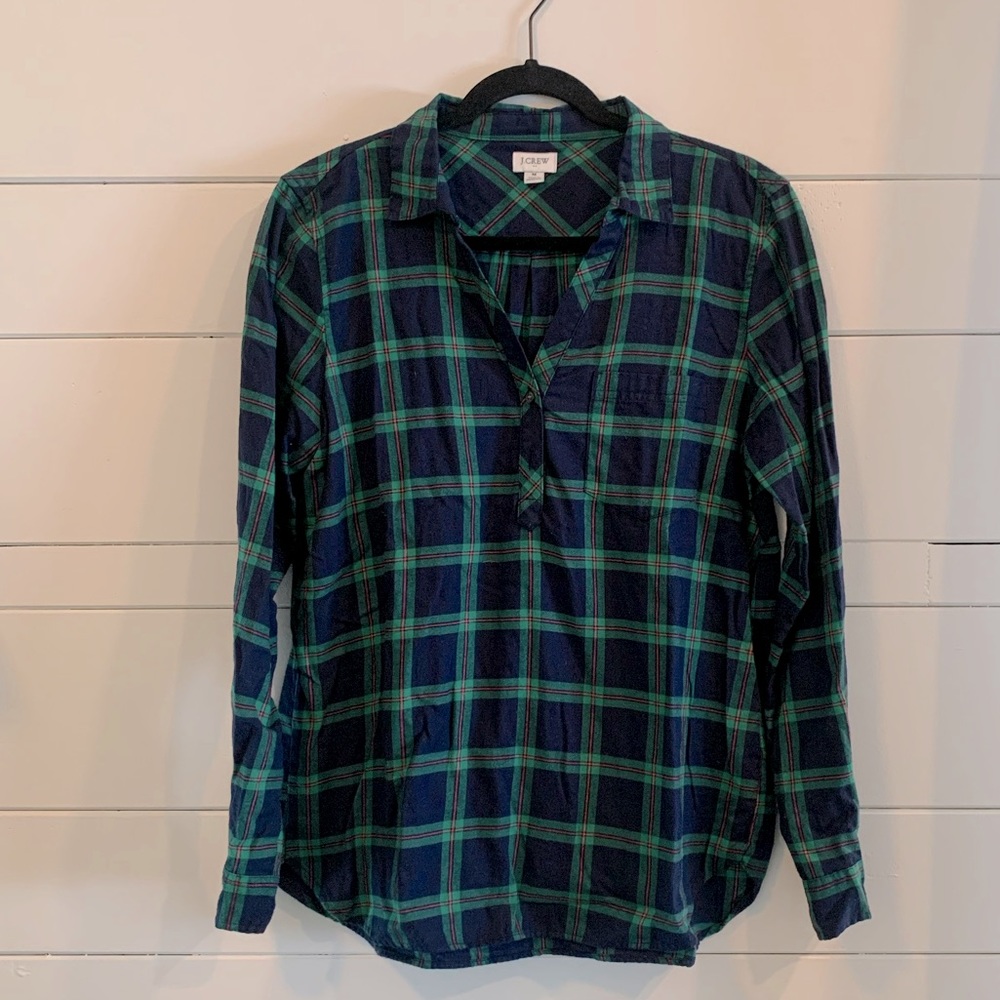 J. Crew Blue and Green Plaid Popover Flannel - M